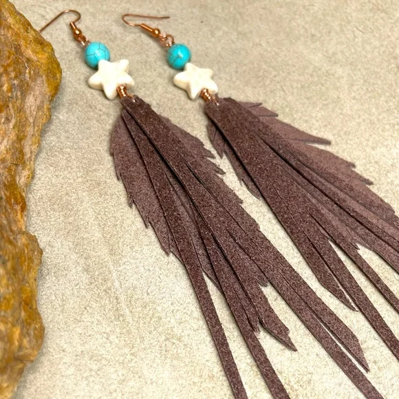 Howlite Gemstone And Turquoise Genuine Brown Leather Fringe Earrings - Picture 2 of 15